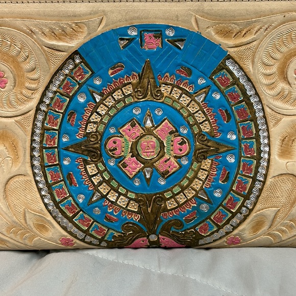 Vintage Leather Hand Tooled RARE Purse 1960s Mexico Ivory Yellow Mayan Roses - Picture 16 of 16